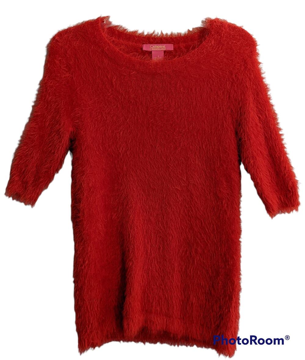 Catherine Malandrino 3/4 Sleeve Red Furry Fuzzy Crewneck Sweater 90s Y2K Women S